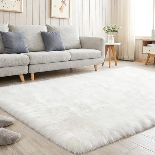 Fluffy Shaggy Rugs for Living Room 120x160 cm/4x5 ft, White Fluffy Rug for Bedroom, Large Anti Slip Carpet, Machine Washable Soft Thick Pile Area Rugs for Living Room Kids Bedroom Nursery(Cream White)