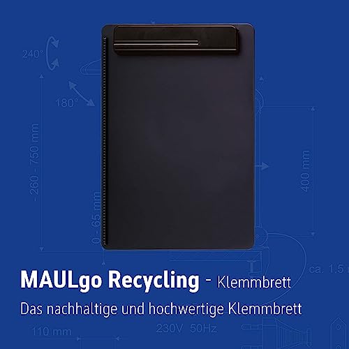 MAUL Klemmbrett A4 MAULgo Recycling | Nachhaltiges Schreibbrett im A4 Format | Hochwertige, moderne Schreibmappe aus 85% recyceltem Kunststoff | Klemmbrett ausgezeichnet mit Blauer Engel | Schwarz