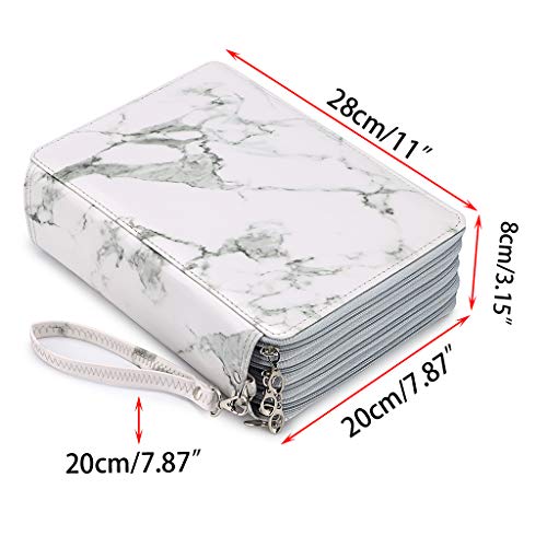 Btsky 200 Slots Colored Pencil Organizer - Deluxe Pu Leather Pencil Case Holder With Removal Handle Strap Pencil Box Large For Colored Pencils Watercolor Pencils White Marble #TOP3