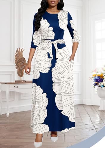 Image of BubFee Long Dress for Women Casual Long Sleeve Dresses Maxi Dress Empire Waist Loose with Belt