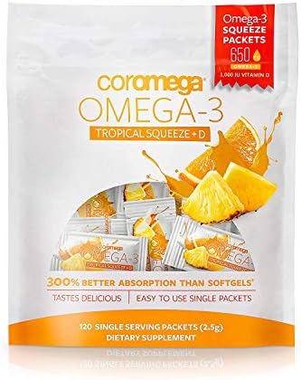 Coromega Omega 3 Fish Oil Supplement + Additional Vitamin D3, 650mg of Omega-3s with 3X Better Absorption Than Softgels, Tropical Orange Flavor, 120 Single Serve Squeeze Packets