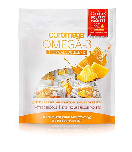 Coromega Omega 3 Fish Oil Supplement + Additional Vitamin D3, 650Mg Of Omega-3S With 3X Better Absorption Than Softgels, Tropical Orange Flavor, 120 Single Serve Squeeze Packets #TOP26