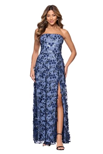 Xscape Women's 3D Flowers Strapless Floor Length Dress, Navy/ Blue, 4 : Clothing, Shoes & Jewelry