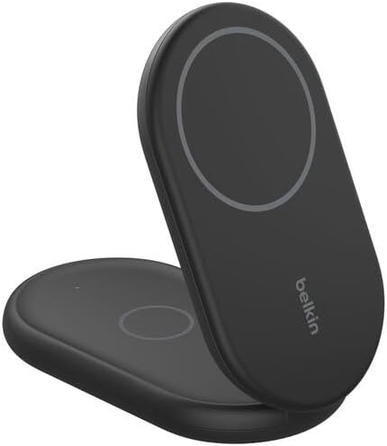Belkin BoostCharge 2-in-1 Magnetic Foldable Qi2 Charging Cradle (15W, Compatible with MagSafe Wireless Charger, Fast Charging, Apple iPhone 16/15/14, Non-Slip Base, AC Adapter, Black)