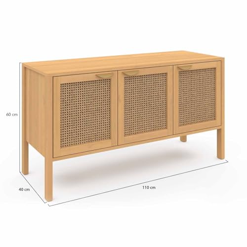 Buffet bas 110 cm EDHEN 3 portes bois et cannage - vue 3