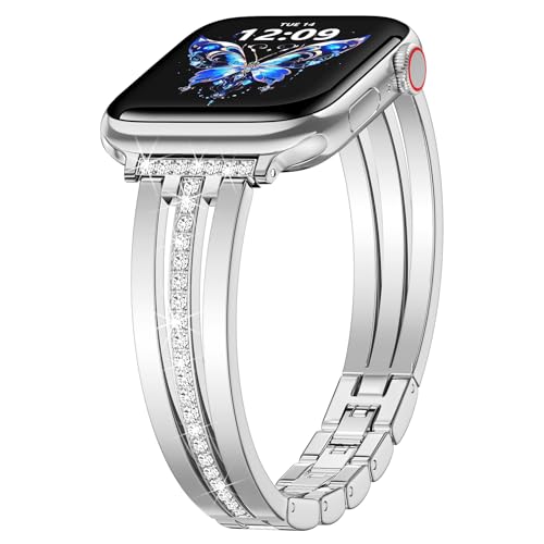 KOREDA Slim Gold Band Compatible for Apple Watch Band 38mm 40mm 41mm 42mm 44mm 45mm 46mm 49mm Series 11 10 9 8 7 SE Ultra Women, Thin Metal Dressy Jewelry Bracelet with Bling Diamond for iWatch Series 6/5/4/3/2/1 by KOREDA - Used condition - US$15.69