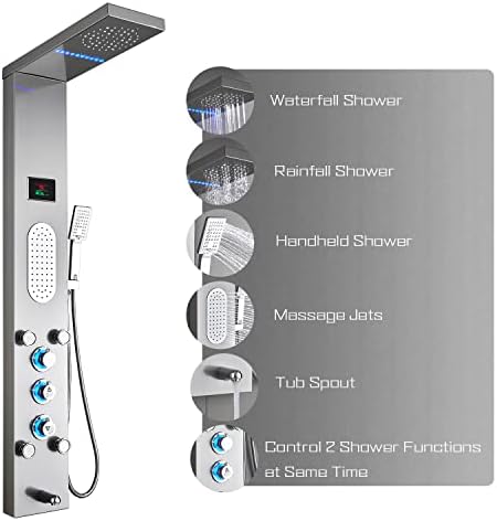 ELLO&ALLO LED Shower Panel Tower System, Rainfall and Mist Head Rain Massage Stainless Steel Shower Fixtures with Adjustable Body Jets, Brushed Nickel