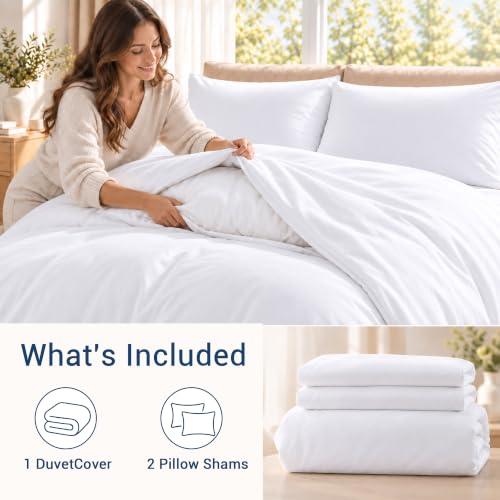 SheRest Prewashed White Duvet Cover King Size - 3 Pieces, Oeko-TEX Certified, Cotton-Like Polyester, Wrinkle-Free & Ultra Soft, 1 Duvet Cover 104" x 90" & 2 Pillow Shams, Comforter Not Included