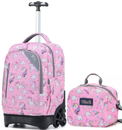 NEW TILAMI 18 Inch Rolling Backpack with Lunch Bag for School, Pink Unicorn