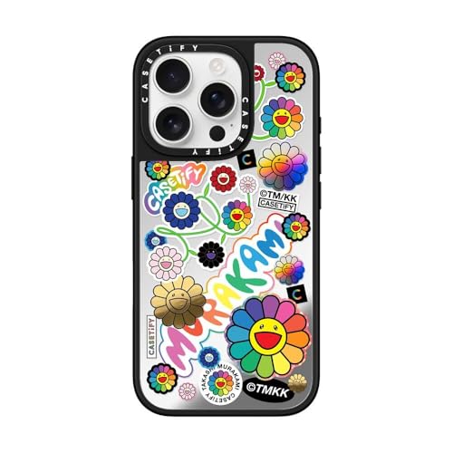CASETiFY �~���[ iPhone 16 Pro �P�[�X [Takashi Murakami Co-lab/����(�X�}�z�J�o�[) / MagSafe�Ή�/�w��h�~] - FLOWERS STICKER MANIA - Silver On Black