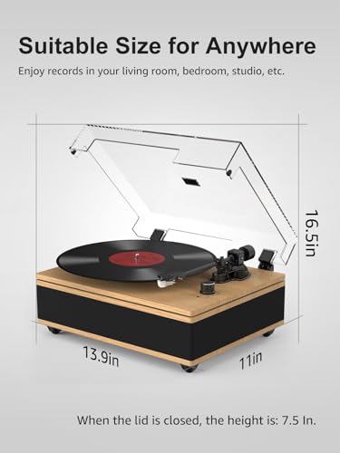 Image of Vinyl Record Player Bluetooth Turntable with Built in Speakers High Fidelity Belt Drive 2-Speed Turntables with Magnetic Cartridge AT-3600L Record Players with Light Strip, Support RCA Output, Walnut