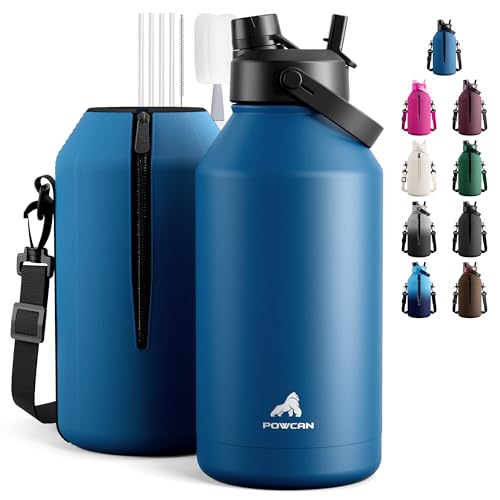 POWCAN 64 oz Insulated Water Bottle with 2-in-1 Straw Spout Lid, Leakproof, Carrier Bag, Shoulder Strap, Keep Cold 48H, Half Gallon Stainless Steel Water Jug for Men, Sports, Camping, Fitness (Indigo)