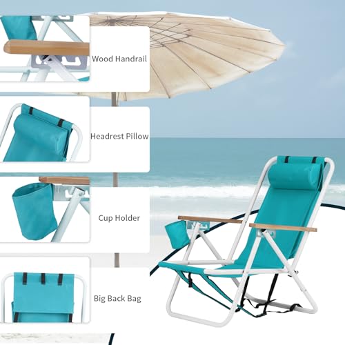 Folding Beach Chair Adjustable Headrest w/4 Flexible Tilt Angle, with Backpack Design, Headrests, Cup Holders & Armrests - Ideal for Sand,Camping, Lawn Concerts (Headrest,Mint Green, 1 pcs) - image 6