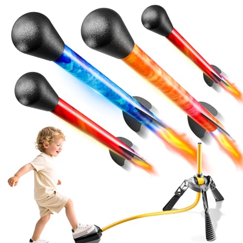 JUKUDAHU Rockets for Kids Age 4-8 with 4 LED Rockets and Launcher - Outdoor Toys for 4 5 6 7 8-12 Year Old Boy Birthday Gift, Air Powered Flying Toy Shooting Up to 100 Feet, Toys for Kids Ages 8-12