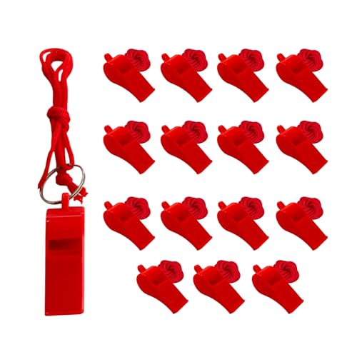 Pack de 15 silbatos plásticos rojos con cordón