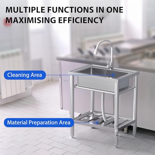 Zstar Free Standing Stainless Steel Single Bowl, Commercial Restaurant Kitchen Sink Set with Cold & Hot Water, Stainless Steel Sink for Kitchen and Bathroom Farmhouse Style (28in) - Thumbnail 3