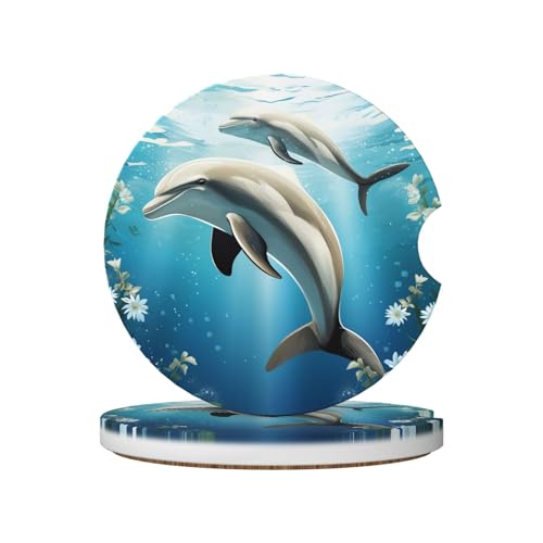 Kiss Dolphin Tale Car Coasters for Cup Holders,2 Pack Absorbent Ceramic Car Cup Coaster with Anti Slip Cork Base,2.56" Car Cup Holder Coaster Set Drink Coasters for Women Men
