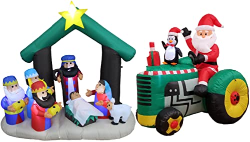 Two Christmas Party Decorations Bundle, Includes 6 Foot Tall Christmas Inflatable Nativity Scene Manger Set With Three Kings Sheep Stable, And 5.3 Foot Tall Santa Claus Drive Tractor With Penguin #TOP22