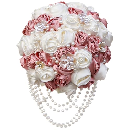 Gkvszy Pink Wedding Bouquet with Brooch Pearl String Cascade Bouquet for Bride Bridesmaid Quinceanera Artificial Satin Rose Flower Bridal Bouquet Wedding Blush Pink and Ivory 9.8in