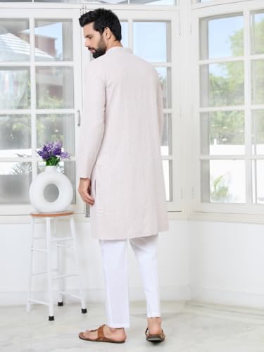 Image of See Designs Men's Full Sleeve Mandarin Collar Geometric Sequins Embroidered Thread Work Straight Long Kurta - Festive Collection