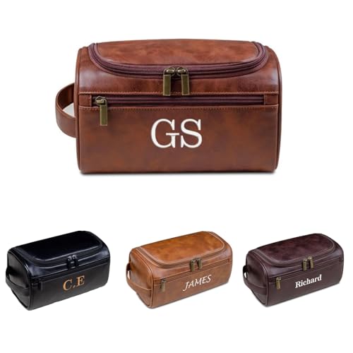 Joyinaff Neceser de cuero bordado personalizado para hombre, organizador de aseo de viaje, kit de viaje con monograma personalizado, Marrón, Moderno minimalista