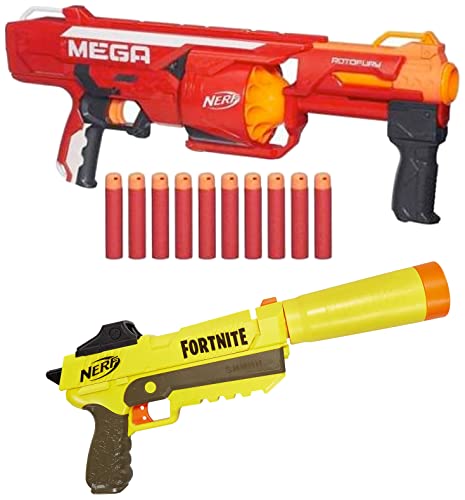 Image of Nerf Mega Rotofury Blaster - 10-Dart Rotating Drum - Pump Action Blasting - Includes 10 Mega Darts - & Fortnite SP-L Elite Dart Blaster with Detachable Barrel, 6 Elite Darts