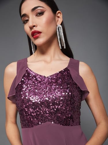 Image of Miss Chase Women's Round Neck Sleeve Embellished Fit Flare Maxi Dress