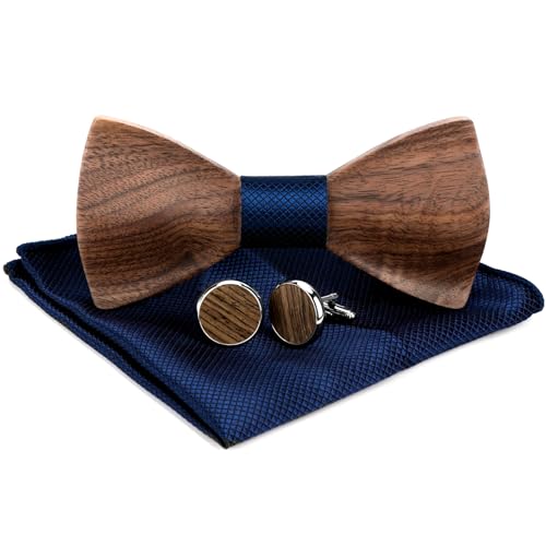 MUCOOS Holzfliege Herren Walnussholz Fliege Herren mit Manschettenknöpfe Herren und Einstecktuch Sets Manschettenknöpfe Holzfliege Blau Einstecktuch Manchettenknoepfe FliegenBlau