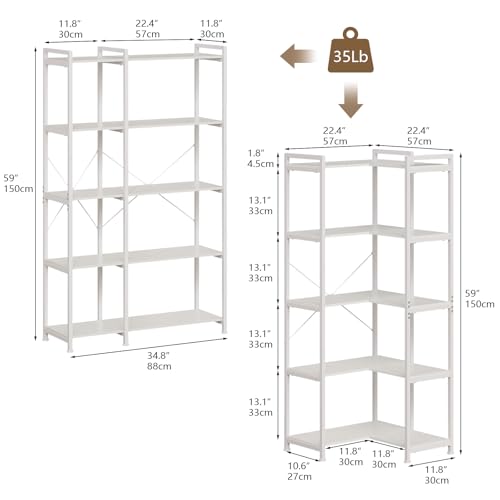 Tohomeor Bookshelf 5 Tier Deformable Corner Bookcase Free Standing Modern Industrial Book Storage Display Book Shelf for Bedroom Living Room Study Room Office (White) by Tohomeor - Image 3