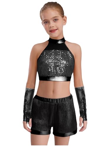 FEESHOW Kids Girls Jazz Latin Dance Outfits Sequin Halter Crop Tops with Shorts Tassel Gloves Set Performance Dancewear Black 12 Years
