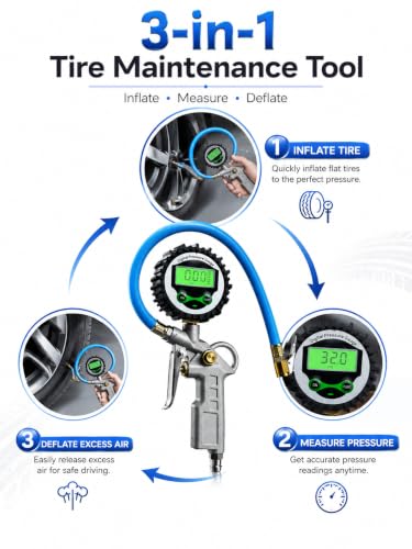 Image of Digital Tire Pressure Gauge Inflator Gun with LCD Display, Heavy Duty Air Compressor Tool with Brass Nozzle & Flexible Hose, Accurate PSI Meter for Car, Bike, Motorcycle & Bicycle Tires