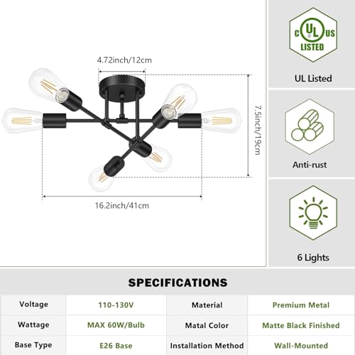 Asnxcju Modern Semi Flush Mount Ceiling Light, 6-Lights Black Sputnik Chandelier for Bedroom Lighting, Industrial Kitchen Light Fixture Ceiling Mount for Dining Room Hallway Living Room, UL Listed