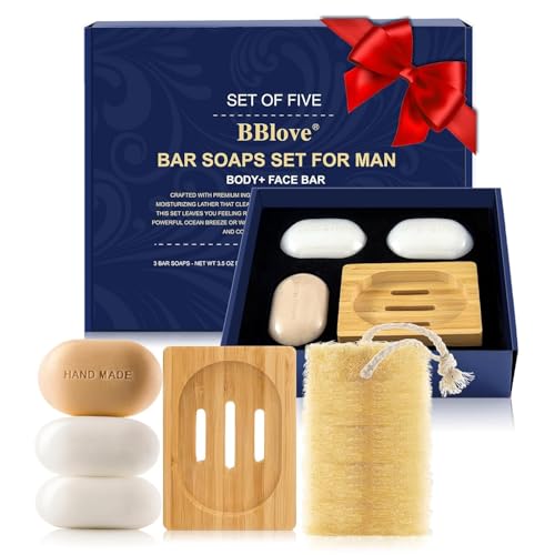 BBlove Fathers Day Handmade Bar Soap 5-Piece Gift Set with Natural Loofah & Bamboo Holder Moisturizing Coconut Oil Soap for Men Gift for Husband Boyfriend or Dad Ocean Breeze & Vanilla Scent