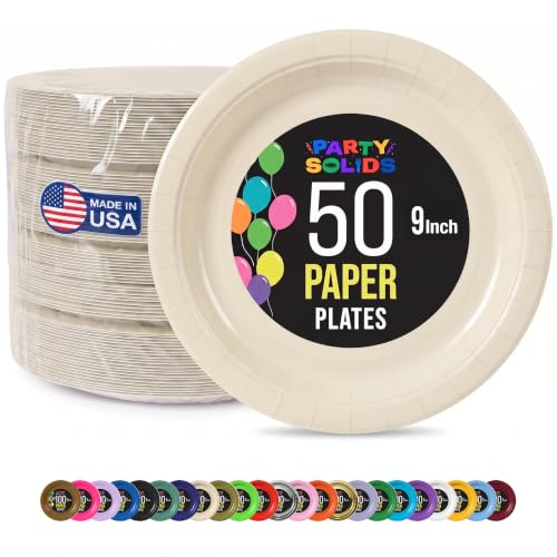 Party Solids Exquisite Ivory Paper Plates Disposable Heavy Duty 9 Inch Ivory Disposable Plates for Party 50 Pcs Heavy Duty 350 GSM Birthday Party Supplies