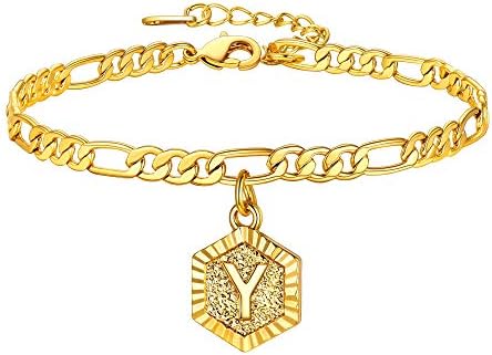 U7 Charming Gold Plated Initial A-Z Ankle Bracelets for Women Girls, Figaro/Marine Chain with Hexagon Shape Pendant, Lobster Claw, Ladies Foot Chain Anklet Jewellery Accessory in Summer Beach Party, Engrave Text Available, Chain Length 8.5" to 10.5" Box