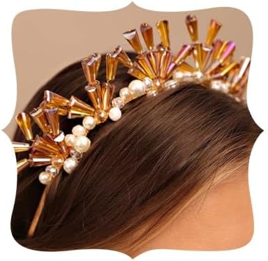 Vintage Champagne Beads Wedding Faux Pearl Crystal Tiara Hair Crown Handmade Bride Headband Bridal Queen Head Pieces for Wedding Prom Birthday Party