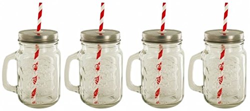 4 Pack Lidded Mason Drinking Jars with Straws - Vintage Style with Handle, Tin Lid, Plastic Straws, 16 oz. Old Fashioned Drinking Glasses