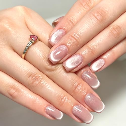 GLAMERMAID Nude Pink Cat Eyes French Tip Press on Nails Short Square, Glitter Magnet Handmade Soft Gel Fake Nail Kit, 30 Pcs Glitter Magnetic Glue on Nail Squoval, Medium Stick on False Nail for Women — view 2