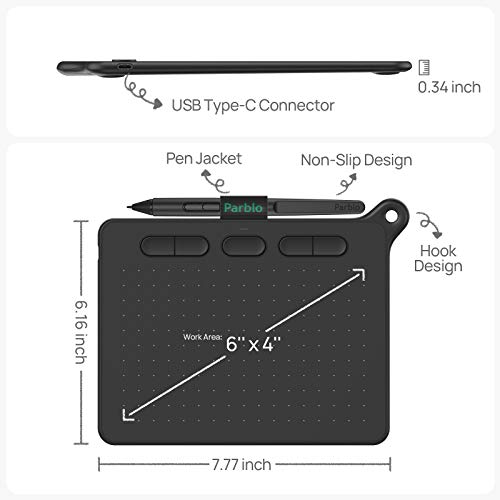 Parblo Ninos Graphic Drawing Tablet - Digital Tablet Tilt Function of 8192 Levels Pressure Sensitive Battery-Free Stylus, 6 X 4inch 5 Shortkeys Drawing Pen Tablets for Art Designer & Education (Black) - Thumbnail 2