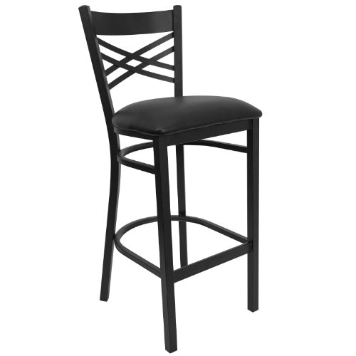 Butaco de bar metálico con respaldo en X, asiento de vinilo negro y estructura de metal negro miniatura 3