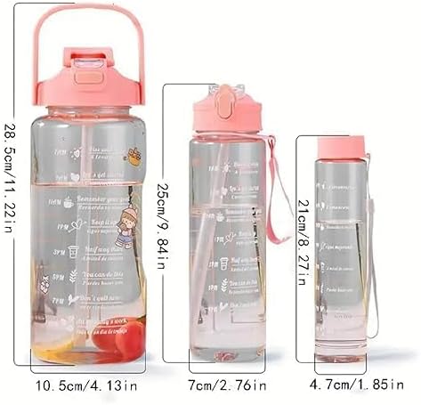 Motivational Water Bottle Set (3 Pack) | 300ml 800ml 2000ml Time Marker Hydration Bottles | BPA Free | Leakproof | Reusable Fitness Gym Sports Water Bottles (Pink)