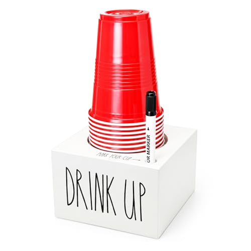 CHONIC Cup Holder with Marker Slot Mark Your Cup and Drink Up Cups Dispenser Farmhouse Disposable Cups Organizer Rustic Plastic Cups Caddy for Wedding Housewarming Party Decor