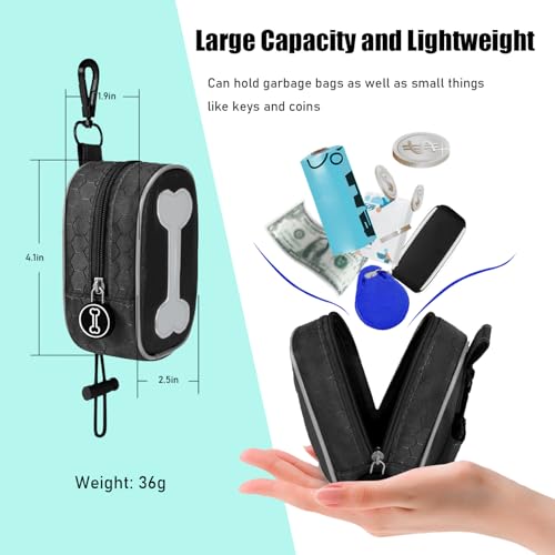 Dog Poop Bag Holder for Leash, Portable Dog Waste Bag Dispenser, Waterproof Fabric Zippered Pouch with Metal Clip, Straps and Elastic Clip