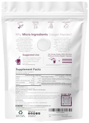 Image of Micro Ingredients Multi Collagen Peptides Powder, 8oz (20 Servings) - Hydrolyzed Type I,II,III,V,X with Biotin, Hyaluronic Acid, Vitamin C - Unflavored Collagen for Women & Men, Easy Dissolve