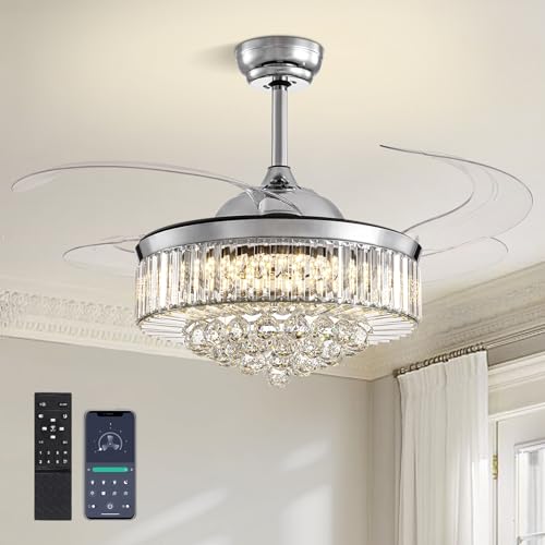 CROSSIO 48" Crystal Chandelier Ceiling Fan with Light Modern Ceiling Fan with Retractable Blades Crystal Fandelier with Remote Control Chrome Fandelier for Dining Living Room