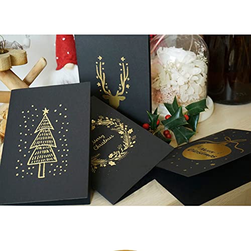 Black Gold Foil Stamping Christmas Cards Set Of 4, Merry Christmas Greeting Cards, Holiday Cards With Foil Stamping Reindeer, Christmas Tree, Xmas Ball, Christmas Garland Black Xmas Cards #TOP11