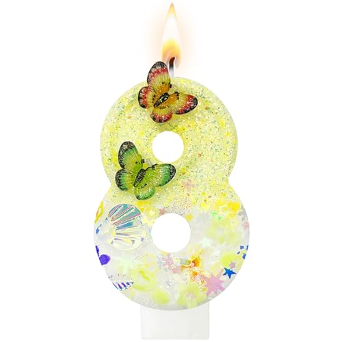 Nuome Number 8 Cake Candle with Butterfly and Flower Decor - Gold White Iridescent Glitter for Birthday, Sparkly Topper, Party Decoration Supplies & Glam Favors (Butterfly Theme, 8)