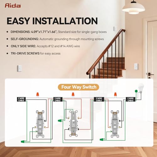 AIDA 15 Amp Toggle Light Switch, 4 Way, Grounding Screw, Residential Grade Electrical Wall Switch, UL Listed (White, 10 Pack) by AIDA - Image 4