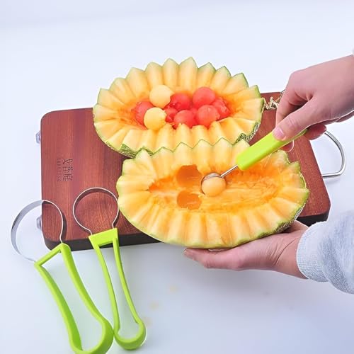 Image of 4-in-1 Melon Baller Scoop Set - Stainless Steel Fruit Scooper, Carving Knife, Digging Spoon & Cutter Tool for DIY Fruit Salad, Ice Cream, Cake Decorating & Dessert Presentation