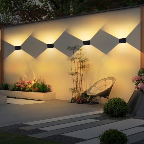 T-SUN 4 Piezas Aplique Solar de Pared Exterior 3000K Moderno Aplique Cuadrado Negro IP65 Impermeable Ajustable Arriba Abajo Aplique para Jardín Pared Valla Garaje Escalera Puerta Delantera Patio
